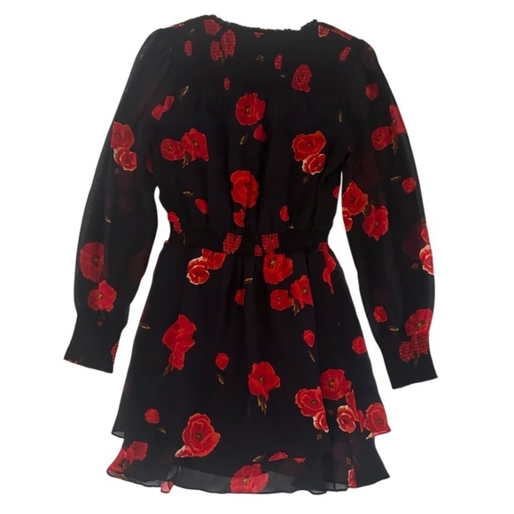 Intermix Kayla Poppy Floral 100% Silk Mini Short Dress, Black/Red, Size 0 - Picture 10 of 16